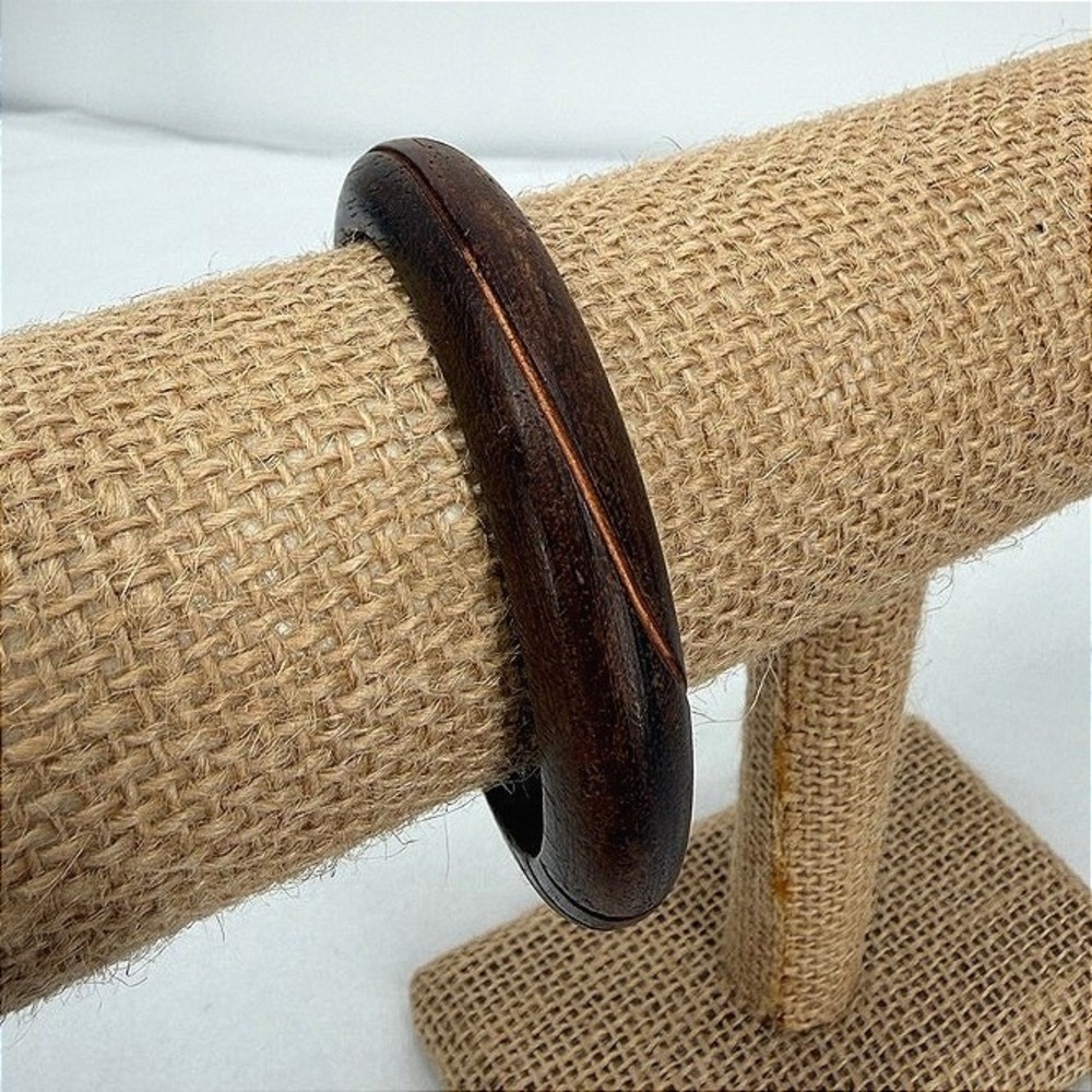 Bangle Cuff Bracelet Carved Wood Boho Tribal Brown Chunky Retro 80s Round OS